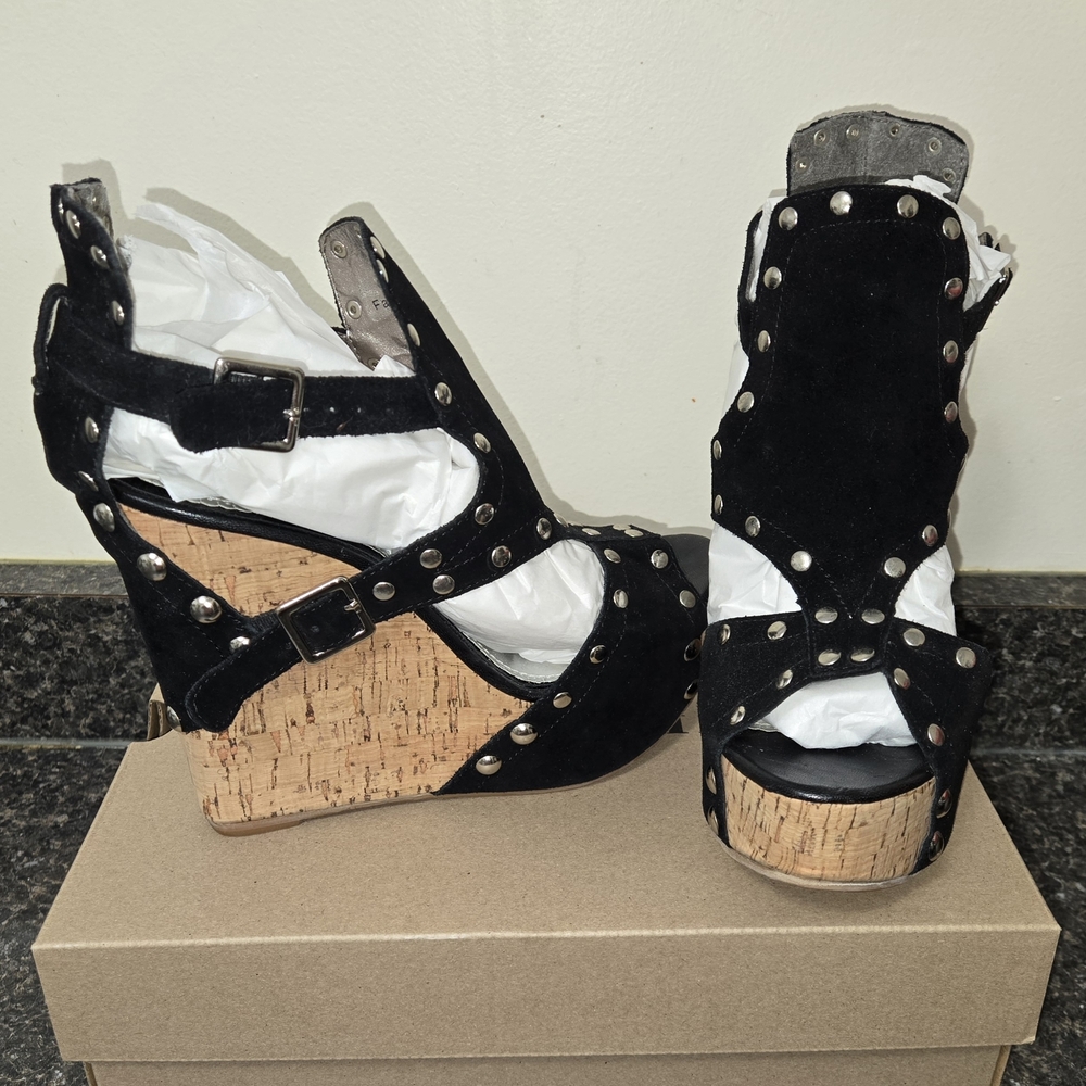 Black Suede Studded Cork Wedge Sandals - Women